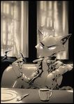  2017 anthro bare_chest belt booth canine clothed clothing cup disney fork fox holding_object holding_weapon knife male mammal monochrome nick_wilde open_jacket plate reclining sepia sitting smile solo thewyvernsweaver weapon zootopia 