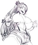  breast_expansion breasts bursting_breasts cleavage fujiwara_no_mokou hair_ribbon highres huge_breasts long_hair monochrome open_mouth pants ponytail ribbon saliva shirt sketch solo space_jin suspenders tearing_up tears teeth touhou 