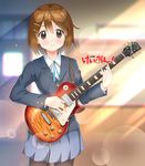  black_legwear blazer blue_skirt brown_eyes brown_hair character_name copyright_name cowboy_shot electric_guitar guitar highres hirasawa_yui instrument jacket k-on! lens_flare looking_at_viewer neck_ribbon ns.x pantyhose pleated_skirt ribbon sakuragaoka_high_school_uniform school_uniform short_hair skirt smile solo standing sun_beam 