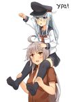  :d age_difference ahoge alternate_headwear arm_up black_hat black_legwear black_skirt blue_eyes blue_hair blush breasts brown_eyes carrying child cleavage eyebrows_visible_through_hair facial_scar fang fingerless_gloves gangut_(kantai_collection) gloves hair_between_eyes hat hibiki_(kantai_collection) highres jpeg_artifacts kantai_collection long_hair long_sleeves md5_mismatch medium_breasts miniskirt multiple_girls neckerchief no_shoes open_mouth pleated_skirt raised_fist red_neckwear red_shirt revision russian scar school_uniform serafuku shirt shoulder_carry silver_hair simple_background skirt smile soushou_nin thighhighs translated upper_body white_background white_shirt zettai_ryouiki 