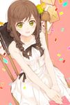  :d amamiya_chiharu bangs bird blush braid brown_hair chair commentary_request confetti dress envelope eyebrows_visible_through_hair green_eyes holding letter long_hair looking_at_viewer open_mouth original parrot pink_background sidelocks simple_background sitting smile solo twin_braids white_dress 