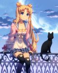  bishoujo_senshi_sailor_moon black_cat blonde_hair breasts cat cleavage cloud dav-19 double_bun fence hair_bun long_hair looking_at_viewer luna_(sailor_moon) medium_breasts moon night sailor_collar sitting skirt sky smile star_(sky) starry_sky sweater tsukino_usagi very_long_hair 