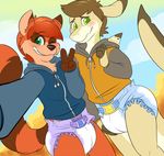  blush clothing diaper duo embarrassed fish green_eyes hoodie male mammal marine poofy-shark procyonid raccoon selfie shark smile 