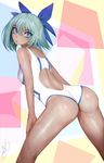  1girl artist_request ass back bare_shoulders blue_eyes competition_swimsuit from_behind hair_ribbon highres keijo!!!!!!!! looking_at_viewer miyata_sayaka one-piece_swimsuit ribbon short_hair silver_hair solo swimsuit wedgie wet white_swimsuit 