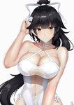  azur_lane bangs bare_arms bare_shoulders black_hair bow breasts brown_eyes casual_one-piece_swimsuit cleavage closed_mouth eyebrows_visible_through_hair flower hair_bow hair_flaps hair_flower hair_ornament hand_up highres kakeku large_breasts long_hair looking_at_viewer one-piece_swimsuit ponytail signature simple_background solo swimsuit takao_(azur_lane) upper_body very_long_hair white_background white_bow white_swimsuit 