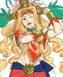  :d aztec blonde_hair bracer breasts capelet choker cowboy_shot fate/grand_order fate_(series) fist_pump gem green_choker green_eyes headband headdress jewelry long_hair looking_at_viewer medium_breasts one_eye_closed open_mouth quetzalcoatl_(fate/grand_order) smile solo tetsu_(kimuchi) underboob very_long_hair white_background 
