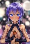  black_gloves blurry blurry_background blush breasts breasts_apart center_opening closed_mouth collarbone dark_skin elbow_gloves eyebrows_visible_through_hair fate/prototype fate/prototype:_fragments_of_blue_and_silver fate_(series) flower gloves hassan_of_serenity_(fate) highres holding holding_flower looking_at_viewer medium_breasts puririn purple_eyes purple_hair rain shiny shiny_hair short_hair sidelocks smile solo twitter_username upper_body water water_drop wet wet_hair 