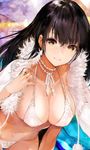  bikini black_hair breasts brown_eyes brown_hair cape character_request choker earrings fur_trim highres hitaki_yuu jewelry large_breasts long_hair looking_at_viewer navel necklace original parted_lips pom_pom_(clothes) smile solo stage_lights swimsuit thighhighs white_choker yellow_eyes 