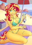  2017 absurd_res anthro anthrofied beach bikini clothing equestria_girls equine female grin hair hi_res holding_object horn looking_at_viewer mammal marine multicolored_hair my_little_pony nauthleroy navel outside seaside smile solo starfish sunset_shimmer_(eg) swimsuit two_tone_hair unicorn 