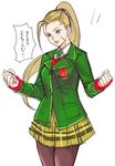  :d adapted_costume blonde_hair blue_eyes cammy_white clenched_hands collared_shirt cowboy_shot green_jacket green_neckwear highres jacket long_hair long_sleeves necktie open_mouth pantyhose ponytail purple_legwear shirt simple_background sketch skirt smile solo standing street_fighter tetsu_(kimuchi) translation_request white_background wing_collar yellow_skirt 