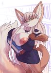  2017 anthro areola big_breasts book breasts canine clothed clothing dipstick_tail eyewear female fennec fox glasses hair hi_res holding_book holding_object huge_breasts long_hair looking_at_viewer mammal multicolored_tail nipples solo teacher thefuckingdevil 
