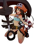  ;d anchor belt bikini brown_eyes brown_hair guilty_gear guilty_gear_xrd hat kneeling lifebuoy long_hair may_(guilty_gear) navel one_eye_closed open_mouth orange_hat oro_(sumakaita) pirate_hat red_eyes smile solo striped striped_bikini swimsuit 