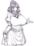  breasts commentary_request covered_nipples dress highres huge_breasts long_sleeves monochrome shirt short_hair short_over_long_sleeves short_sleeves skirt solo space_jin touhou wide_hips yasaka_kanako 