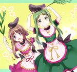  apron bamboo black_hat brown_hair commentary cowboy_shot dress dutch_angle green_dress green_eyes green_hair hat makuwauri multiple_girls myouga_(plant) nishida_satono open_mouth purple_dress purple_eyes ribbon short_hair_with_long_locks short_sleeves smile tate_eboshi teireida_mai touhou waist_apron 