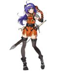  ahoge arm_strap arms_up belt black_legwear boots breasts elbow_gloves fingerless_gloves fire_emblem fire_emblem:_souen_no_kiseki fire_emblem_heroes full_body gloves green_eyes hair_intakes hairband head_tilt highres long_hair looking_at_viewer medium_breasts official_art own_hands_together purple_hair sheath single_pauldron smile sword thighhighs transparent_background turtleneck wayu_(fire_emblem) weapon white_hairband yoneyama_mai zettai_ryouiki 