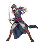  bandages boots fire_emblem fire_emblem:_seima_no_kouseki fire_emblem_heroes fujiwara_ryo full_body hat highres holding holding_sword holding_weapon jewelry joshua_(fire_emblem) knee_boots long_hair looking_away male_focus official_art pants parted_lips red_eyes red_hair ring smile solo standing sword transparent_background weapon 