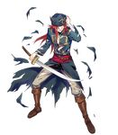  bandages boots clenched_teeth fire_emblem fire_emblem:_seima_no_kouseki fire_emblem_heroes fujiwara_ryo full_body hat highres holding holding_sword holding_weapon joshua_(fire_emblem) knee_boots long_hair looking_away male_focus official_art pants parted_lips red_eyes red_hair solo standing sword teeth torn_clothes transparent_background weapon 