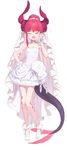  ;d asymmetrical_hair asymmetrical_horns bangs bare_arms bare_legs bare_shoulders choker contrapposto doremi dress earrings elizabeth_bathory_(fate) elizabeth_bathory_(fate)_(all) eyebrows_visible_through_hair fang fate/extra fate/extra_ccc fate_(series) flower full_body gloves green_eyes hair_up hand_on_hip hand_up highres jewelry long_hair looking_at_viewer one_eye_closed open_mouth pink_hair pointy_ears rose shoes short_dress smile solo standing strapless strapless_dress tail veil wedding_dress white_choker white_dress white_flower white_footwear white_gloves white_rose 