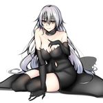  bare_shoulders black_gloves black_legwear breasts cleavage elbow_gloves fate/grand_order fate_(series) gloves highres jeanne_d'arc_(alter)_(fate) jeanne_d'arc_(fate)_(all) large_breasts long_hair looking_at_viewer navel silver_hair sitting sleeveless solo tetsu_(excalibur920) thighhighs very_long_hair yellow_eyes 