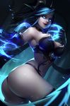  armpits ass bad_revision bangs bare_shoulders black_hair black_legwear blue_eyes blue_hair breasts bustier claws closed_mouth collar cowboy_shot downscaled_revision evelynn from_behind gloves gradient_hair highres large_breasts league_of_legends light_particles lips lipstick liuzexiong long_hair looking_at_viewer looking_back makeup md5_mismatch midriff motion_blur multicolored_hair navel red_lipstick shiny shiny_hair shiny_skin smile solo standing stomach swept_bangs tattoo thighhighs twisted_torso 