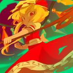  artist_name blonde_hair bow clenched_hand closed_mouth crystal dress flandre_scarlet frilled_skirt frills hat hat_bow hat_ribbon laevatein looking_at_viewer mob_cap puffy_short_sleeves puffy_sleeves red_bow red_dress red_eyes red_ribbon red_skirt ribbon short_sleeves skirt smile solo spinning temmie_chang touhou 
