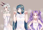  ass blue_eyes carmilla_(fate/grand_order) cleopatra_(fate/grand_order) fate/grand_order fate_(series) green_hair horns long_hair naked_towel pink_eyes purple_hair side_boob smile tagme towel white_hair wu_zetian_(fate/grand_order) 