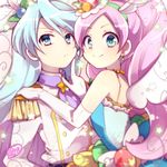  1girl blue_eyes blue_hair brother_and_sister cape closed_mouth cravat cure_parfait cure_waffle elbow_gloves epaulettes finger_to_another's_mouth food_themed_hair_ornament gloves hair_ornament hand_on_another's_shoulder kirahoshi_ciel kirakira_precure_a_la_mode light_persona long_hair looking_at_viewer magical_boy magical_girl pikario_(precure) pink_hair precure purple_neckwear shirt shiunga315 siblings signature smile spoilers upper_body white_gloves white_shirt white_wings wings 