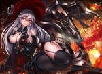  arm_support armor bare_shoulders belt black_bow black_dress black_gloves black_legwear bow breasts cape detached_sleeves dress elbow_gloves embers fire frilled_sleeves frills full_body garter_straps gloves glowing glowing_eyes granblue_fantasy hand_on_own_thigh hat highres horns large_breasts leg_up long_hair looking_away magisa_(granblue_fantasy) monster morax_(granblue_fantasy) parted_lips red_eyes silver_hair sitting sleeves_past_wrists striped thighhighs vertical-striped_dress vertical_stripes very_long_hair witch witch_hat yellow_eyes ytoy 