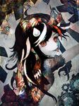  abstract ahoge black_hair cong1991 directional_arrow from_behind gears grey_background highres horns kijin_seija long_hair looking_at_viewer multicolored_hair pale_skin red_eyes red_hair ringed_eyes short_sleeves solo streaked_hair tongue tongue_out touhou upper_body white_hair 