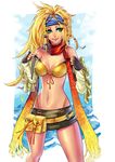  absurdres bandana bikini bikini_top blonde_hair braid carlos_javier detached_sleeves final_fantasy final_fantasy_x final_fantasy_x-2 fingerless_gloves gloves highres looking_at_viewer miniskirt navel rikku scarf skirt smile solo stomach swimsuit thong undressing yellow_bikini 