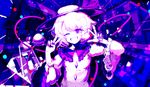  ;d abstract_background apartment balcony blue double_v fingerless_gloves frilled_sleeves frills gloves hat highres komeiji_koishi limited_palette looking_at_viewer nail_polish night one_eye_closed open_mouth smile solo third_eye touhou v yoshioka_yoshiko 