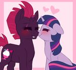  &lt;3 2017 adostume_(artist) blush broken_horn cute cutie_mark duo equine eye_scar eyebrows eyelashes eyes_closed female friendship_is_magic hair happy hi_res horn love mammal multicolored_hair my_little_pony my_little_pony_the_movie nuzzling open_mouth pink_border pink_hair scar short_hair simple_background smile teeth tempest_shadow_(mlp) twilight_sparkle_(mlp) unicorn 
