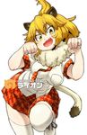  ahoge animal_ears aono3 bangs black_eyes breasts character_name eyebrows_visible_through_hair fang fur_collar gradient_eyes hair_between_eyes head_tilt hips japari_symbol kemono_friends knee_up leaning_forward leg_up lion_(kemono_friends) lion_ears lion_tail looking_at_viewer medium_breasts multicolored multicolored_eyes necktie outline paw_pose plaid plaid_neckwear plaid_skirt red_neckwear red_skirt reflective_eyes shiny shiny_hair shirt short_sleeves simple_background skirt solo tail thighhighs white_background white_footwear white_legwear white_shirt yellow_eyes 