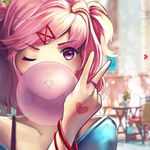  bangs blue_shirt blurry blurry_background bracelet bubble_blowing chewing_gum collarbone commentary doki_doki_literature_club english_commentary eyebrows_visible_through_hair hair_ornament hairclip hannah_santos heart highres jewelry looking_at_viewer natsuki_(doki_doki_literature_club) one_eye_closed pink_eyes pink_hair ring shirt short_hair solo star star-shaped_pupils swept_bangs symbol-shaped_pupils teeth two_side_up v 