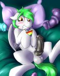  absurd_res bed blush brown_eyes dripponi equine fan_character fur green_hair hair hi_res jewelry looking_at_viewer lust_mint lying male mammal my_little_pony necklace on_back pegasus penis pillow sex_toy smile solo white_fur wings 