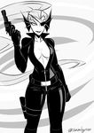  anthro bodysuit breasts cleavage clothed clothing eye_patch eyewear female fish gun hair handgun long_hair marine monochrome partially_clothed ponytail ranged_weapon revolver rubber sem-l-grim skinsuit solo standing tight_clothing undertale undyne video_games weapon 