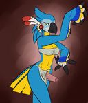 2017 anthro avian bandeau beak bird blue_feathers breasts breath_of_the_wild clothed clothing crest crossgender dickgirl feathers hi_res intersex kass_(zelda) konkitty loincloth looking_at_viewer midriff nintendo orange_eyes penis portrait rito solo standing the_legend_of_zelda three-quarter_portrait uncut video_games wings 