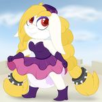  anthro big_ears blonde_hair boots clothing diaper dress female footwear fur hair harriet_(mario) hat lagomorph mammal plinkiepoi rabbit red_eyes smile standing teeth white_fur 