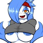  anthro areola blue_hair blue_hat breasts clothing female hair headband jet_(quin_nsfw) looking_at_viewer nipple_slip open_mouth orange_eyes quin-nsfw shirt solo under_boob 