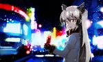  animal_ears blurry bottle brown_eyes city city_lights coat colored_tips commentary_request depth_of_field eyelashes fox_ears fur_trim glowing grey_hair holding holding_bottle kemono_friends long_hair looking_at_viewer multicolored_hair night open_mouth road silver_fox_(kemono_friends) soda_bottle solo street two-tone_hair upper_body yoshioka_yoshiko 