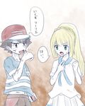  blonde_hair brown_eyes green_eyes lillie_(pokemon) long_hair ocha_(green-tealeaf) poke_ball pokemon pokemon_(anime) pokemon_sm_(anime) ponytail satoshi_(pokemon) short_hair short_sleeves skirt 