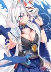  absurdres animal_ears azur_lane bangs blue_eyes blunt_bangs blush breasts cleavage closed_mouth commentary_request cowboy_shot foreshortening fox_ears fox_mask fox_tail hakama_skirt highres japanese_clothes kaga_(azur_lane) large_breasts looking_at_viewer mask mask_on_head multiple_tails nekobox shikigami short_hair silver_hair smile solo tail wide_sleeves 