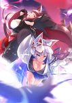  absurdres akagi_(azur_lane) animal_ears azur_lane blue_eyes blurry breasts brown_hair cleavage depth_of_field fox_ears fox_mask fox_tail gloves grin highres kaga_(azur_lane) large_breasts long_hair looking_at_viewer looking_back mask multiple_girls multiple_tails outstretched_hand red_eyes silver_hair skirt smile tail takatun223 