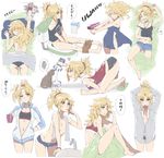  bare_shoulders black_panties blonde_hair blue_towel breasts brushing_teeth cat cup drying drying_hair fate/apocrypha fate_(series) green_eyes grey_towel hair_dryer highres jacket jewelry lying milk milk_carton mordred_(fate) mordred_(fate)_(all) mug naked_towel navel necklace on_stomach open_clothes open_jacket open_shirt panties red_panties shirt shorts slippers small_breasts speech_bubble spoken_squiggle sports_bra squiggle toilet_paper toilet_use tonee topless towel towel_around_neck underwear waking_up white_shirt 