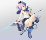  :o azur_lane bangs black_bow black_legwear blue_footwear boots bow breasts cleavage commentary_request full_body gloves gradient gradient_background green_eyes hair_between_eyes hair_bow hand_up highres javelin_(azur_lane) legs_together looking_at_viewer open_mouth ponytail purple_hair rigging small_breasts socks solo tsurime turret white_gloves yatsuha_(hachiyoh) 