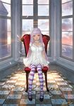  ariverkao bow breasts brown_eyes choker collarbone dress feathers hair_bow indoors large_breasts long_hair looking_at_viewer mary_janes original pointy_ears shoes silver_hair sitting solo striped striped_legwear thighhighs white_choker white_dress window 
