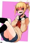  :d bangs black_legwear black_neckwear black_sailor_collar blonde_hair blue_skirt blunt_bangs blush boku_no_hero_academia cardigan clenched_hands commentary double_bun eyebrows_visible_through_hair eyeshadow fangs feet_out_of_frame hands_up happy heart j.k. kneehighs legs long_sleeves looking_at_viewer makeup neckerchief open_mouth orange_eyes pink_background pleated_skirt red_neckwear red_ribbon ribbon sailor_collar school_uniform serafuku shaded_face short_hair simple_background skirt smile socks solo teeth thighs toga_himiko two-tone_background white_background yellow_eyes 