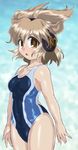 black_swimsuit blue_background brown_eyes brown_hair competition_swimsuit cowboy_shot earmuffs gradient gradient_background looking_at_viewer one-piece_swimsuit pointy_hair short_hair solo standing swimsuit touhou toyosatomimi_no_miko winn 