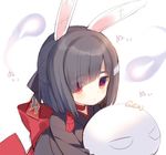  animal_ears azur_lane bangs black_hair black_kimono blunt_bangs blush bow bunny_ears closed_mouth commentary eyebrows_visible_through_hair eyes_visible_through_hair hair_ornament hair_over_one_eye hair_ribbon hairclip hitodama japanese_clothes kimono kurokuma_(kuro_kumagaya) looking_at_viewer object_hug red_bow red_eyes ribbon shiranui_(azur_lane) short_hair simple_background sketch solo translated white_background 