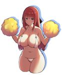  bikini breasts cameltoe cleavage closed_mouth collarbone cowboy_shot cropped_legs dungeon_and_fighter eyebrows_visible_through_hair green_eyes highres knight_(dungeon_and_fighter) large_breasts long_hair looking_at_viewer mistrie navel o-ring o-ring_bikini o-ring_top pom_poms red_hair sidelocks simple_background smile solo string_bikini swimsuit white_background 
